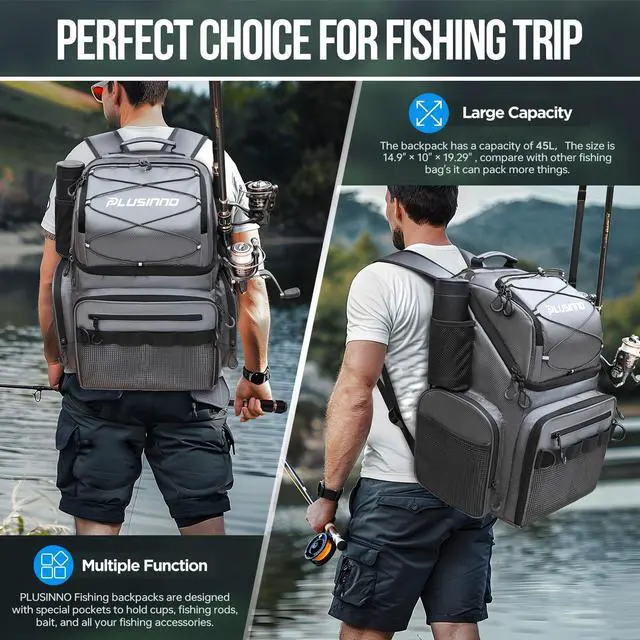 Alt view image 7 of 7 - Cooler Fishing Backpack with Rod Holders 45L Large Water-resistant Fishing Tackle bag Store Fishing Gear Fishing Gifts for Men Father