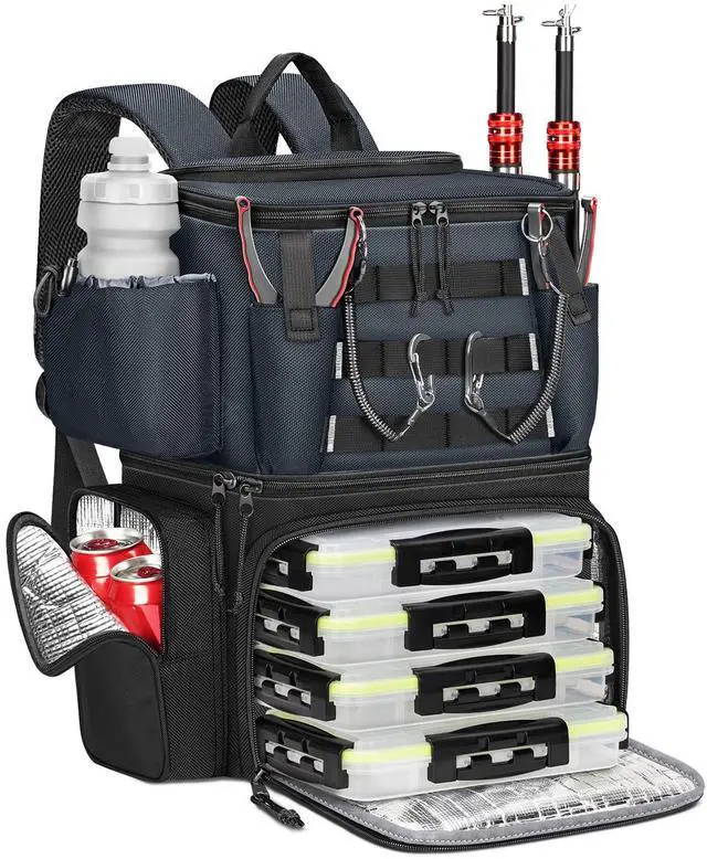 Main image of Fishing Backpack with 4 Tackle Boxes, Fishing Bag with Rod Holder | 3600 Tackle Box 4 Pack, Water Resistant Tackle Backpack with Cooler Compartment, Safety Compass, Gifts for Fishermen