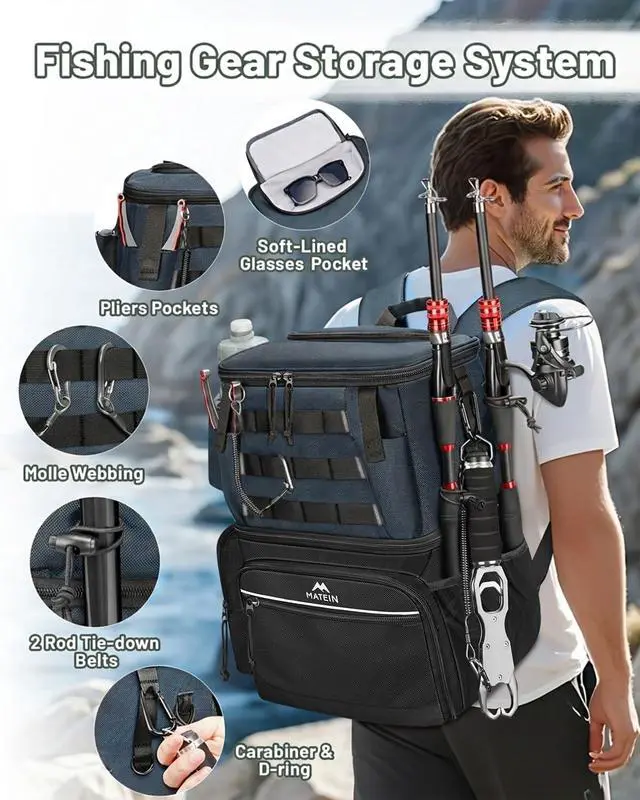 Alt view image 2 of 7 - Fishing Backpack with 4 Tackle Boxes, Fishing Bag with Rod Holder | 3600 Tackle Box 4 Pack, Water Resistant Tackle Backpack with Cooler Compartment, Safety Compass, Gifts for Fishermen