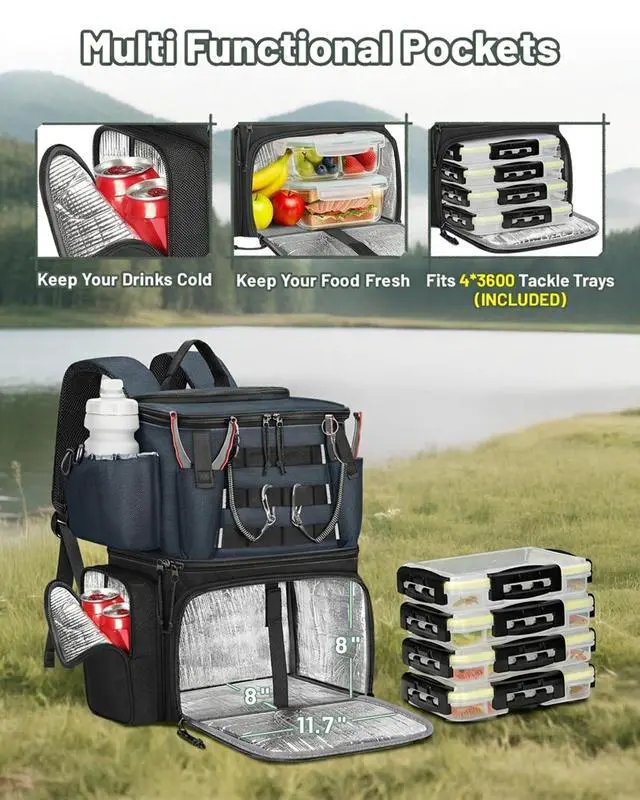 Alt view image 3 of 7 - Fishing Backpack with 4 Tackle Boxes, Fishing Bag with Rod Holder | 3600 Tackle Box 4 Pack, Water Resistant Tackle Backpack with Cooler Compartment, Safety Compass, Gifts for Fishermen