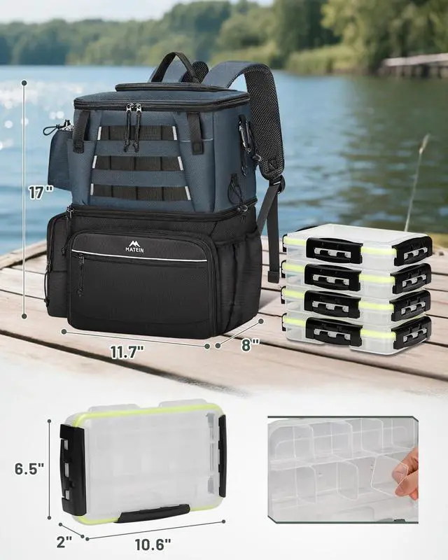 Alt view image 4 of 7 - Fishing Backpack with 4 Tackle Boxes, Fishing Bag with Rod Holder | 3600 Tackle Box 4 Pack, Water Resistant Tackle Backpack with Cooler Compartment, Safety Compass, Gifts for Fishermen