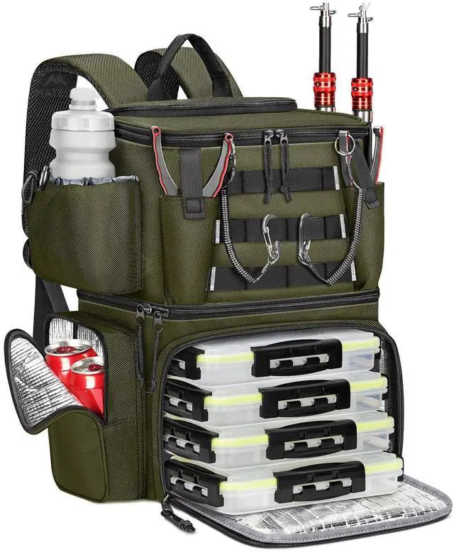 Main image of Fishing Backpack with 4 Tackle Boxes, Fishing Bag with Rod Holder | 3600 Tackle Box 4 Pack, Water Resistant Tackle Backpack with Cooler Compartment, Safety Compass, Gifts for Fishermen