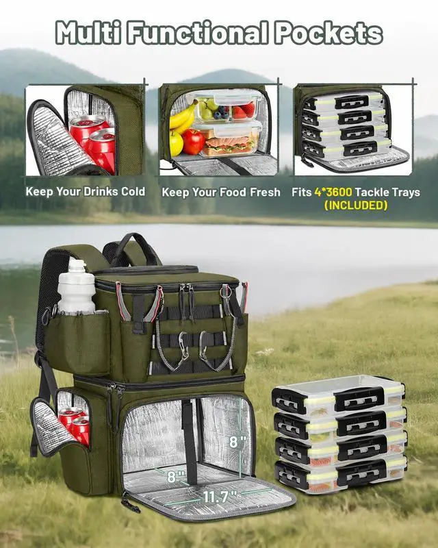 Alt view image 3 of 7 - Fishing Backpack with 4 Tackle Boxes, Fishing Bag with Rod Holder | 3600 Tackle Box 4 Pack, Water Resistant Tackle Backpack with Cooler Compartment, Safety Compass, Gifts for Fishermen