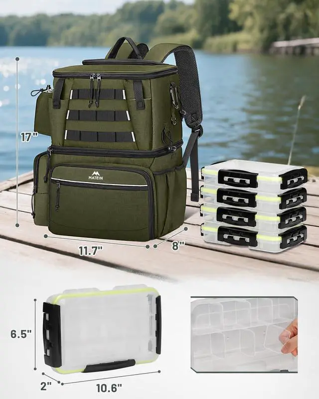 Alt view image 4 of 7 - Fishing Backpack with 4 Tackle Boxes, Fishing Bag with Rod Holder | 3600 Tackle Box 4 Pack, Water Resistant Tackle Backpack with Cooler Compartment, Safety Compass, Gifts for Fishermen