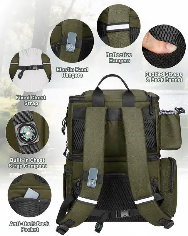 Alt view image 5 of 7 - Fishing Backpack with 4 Tackle Boxes, Fishing Bag with Rod Holder | 3600 Tackle Box 4 Pack, Water Resistant Tackle Backpack with Cooler Compartment, Safety Compass, Gifts for Fishermen