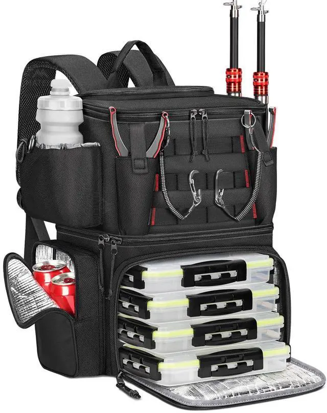 Main image of Fishing Backpack with 4 Tackle Boxes, Fishing Bag with Rod Holder | 3600 Tackle Box 4 Pack, Water Resistant Tackle Backpack with Cooler Compartment, Safety Compass, Gifts for Fishermen