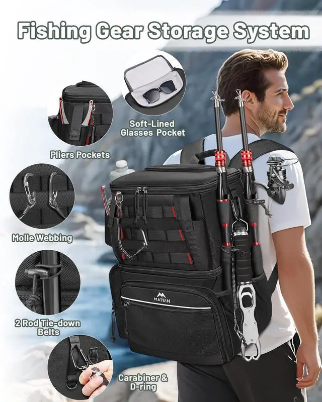 Alt view image 2 of 7 - Fishing Backpack with 4 Tackle Boxes, Fishing Bag with Rod Holder | 3600 Tackle Box 4 Pack, Water Resistant Tackle Backpack with Cooler Compartment, Safety Compass, Gifts for Fishermen