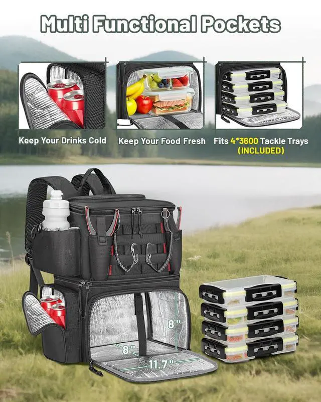 Alt view image 3 of 7 - Fishing Backpack with 4 Tackle Boxes, Fishing Bag with Rod Holder | 3600 Tackle Box 4 Pack, Water Resistant Tackle Backpack with Cooler Compartment, Safety Compass, Gifts for Fishermen