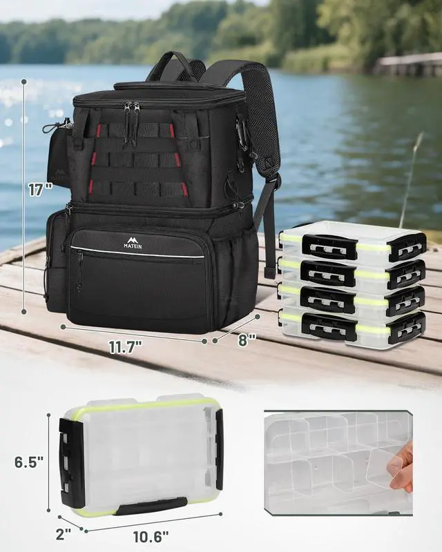 Alt view image 4 of 7 - Fishing Backpack with 4 Tackle Boxes, Fishing Bag with Rod Holder | 3600 Tackle Box 4 Pack, Water Resistant Tackle Backpack with Cooler Compartment, Safety Compass, Gifts for Fishermen