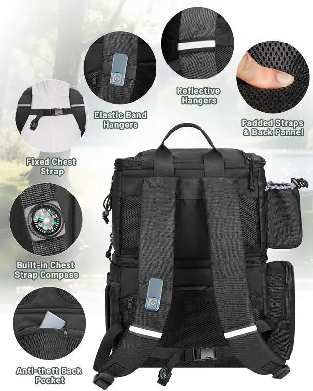 Alt view image 5 of 7 - Fishing Backpack with 4 Tackle Boxes, Fishing Bag with Rod Holder | 3600 Tackle Box 4 Pack, Water Resistant Tackle Backpack with Cooler Compartment, Safety Compass, Gifts for Fishermen