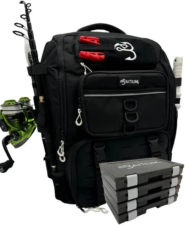 Main image of Fishing Backpack, Tackle Bag With Rod Holders, 40L Capacity With Cooler, Rain Cover, Insulated Pocket, 4 Tackle Trays Included (Jet Black)
