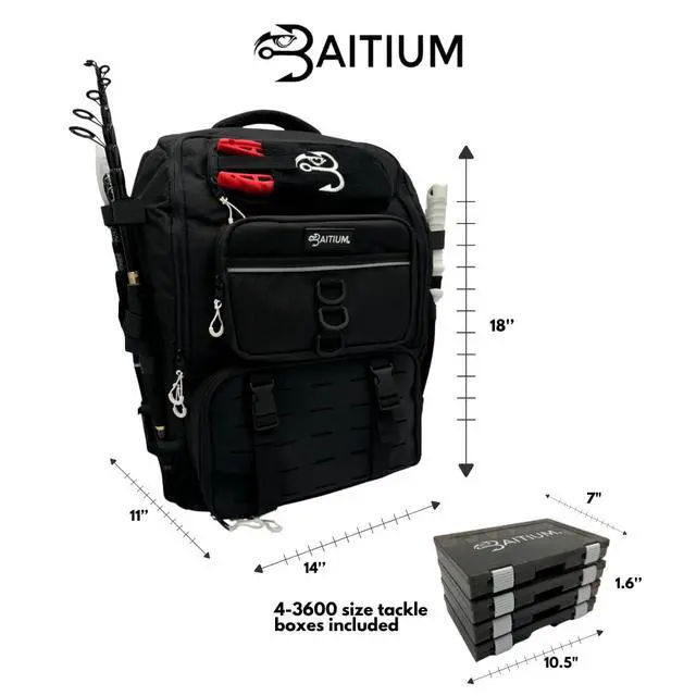 Alt view image 7 of 7 - Fishing Backpack, Tackle Bag With Rod Holders, 40L Capacity With Cooler, Rain Cover, Insulated Pocket, 4 Tackle Trays Included (Jet Black)