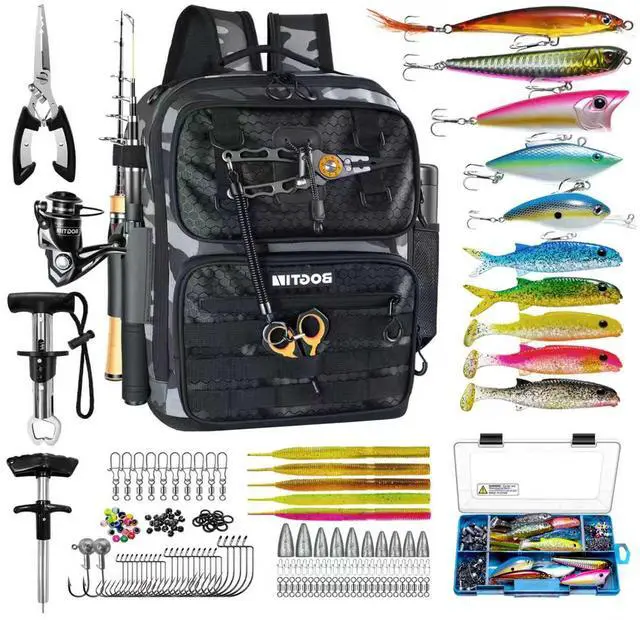 Main image of Fishing Backpack with Tackle Boxes and Rod Holders, Fishing Bag with Fishing Lure Kit Water-resistant Sling Tackle Bag Store Gear and Equipment, Bait Gifts for Men Woman Anglers-Grey Backpack
