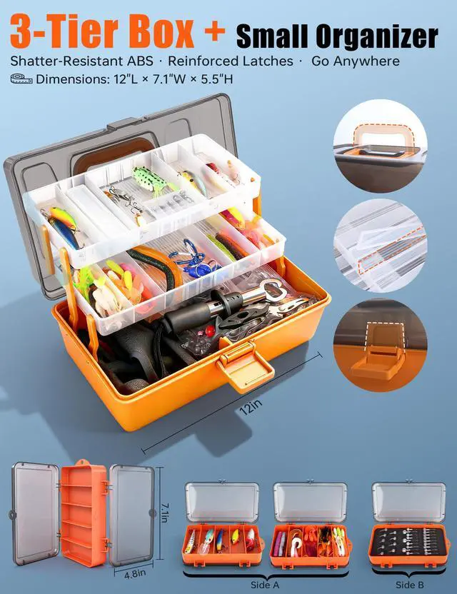 Alt view image 3 of 7 - Large 3-Layer Tackle Box with Tackle Included, 417Pcs Fishing Lures Kit with Bonus Small 2-Sided Box & Gloves, Pliers, Crankbait, Hooks, Freshwater Bass Fishing Gear Gift for Men & Kids