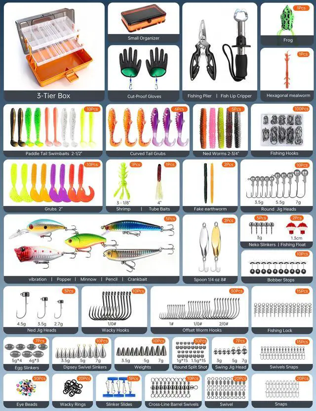Alt view image 5 of 7 - Large 3-Layer Tackle Box with Tackle Included, 417Pcs Fishing Lures Kit with Bonus Small 2-Sided Box & Gloves, Pliers, Crankbait, Hooks, Freshwater Bass Fishing Gear Gift for Men & Kids