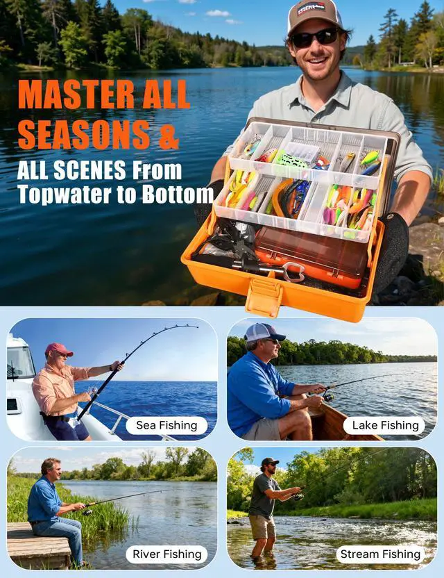 Alt view image 6 of 7 - Large 3-Layer Tackle Box with Tackle Included, 417Pcs Fishing Lures Kit with Bonus Small 2-Sided Box & Gloves, Pliers, Crankbait, Hooks, Freshwater Bass Fishing Gear Gift for Men & Kids