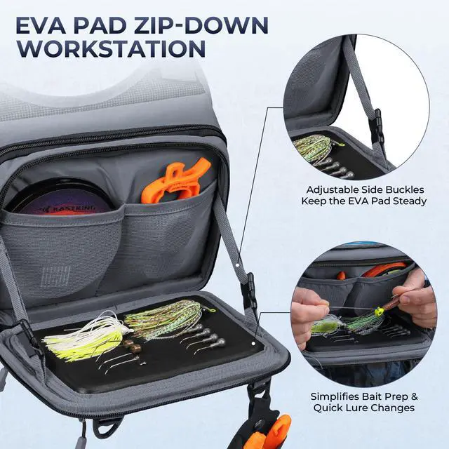 Alt view image 4 of 7 - Bait Boss Water-Resistant Fishing Chest Pack With EVA Zip-Down Workstation, MOLLE Storage, Adjustable Chest Straps