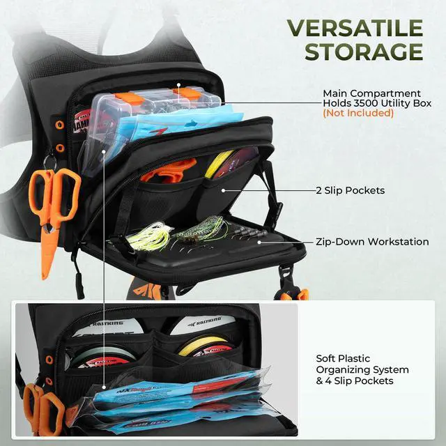 Alt view image 2 of 7 - Bait Boss Water-Resistant Fishing Chest Pack With EVA Zip-Down Workstation, MOLLE Storage, Adjustable Chest Straps