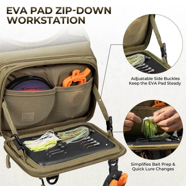 Alt view image 4 of 7 - Bait Boss Water-Resistant Fishing Chest Pack With EVA Zip-Down Workstation, MOLLE Storage, Adjustable Chest Straps