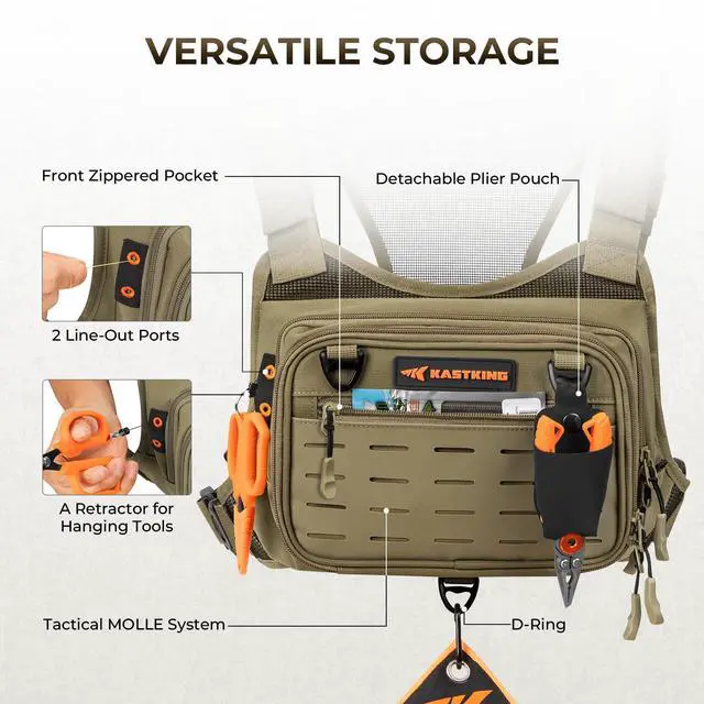 Alt view image 3 of 7 - Bait Boss Water-Resistant Fishing Chest Pack With EVA Zip-Down Workstation, MOLLE Storage, Adjustable Chest Straps