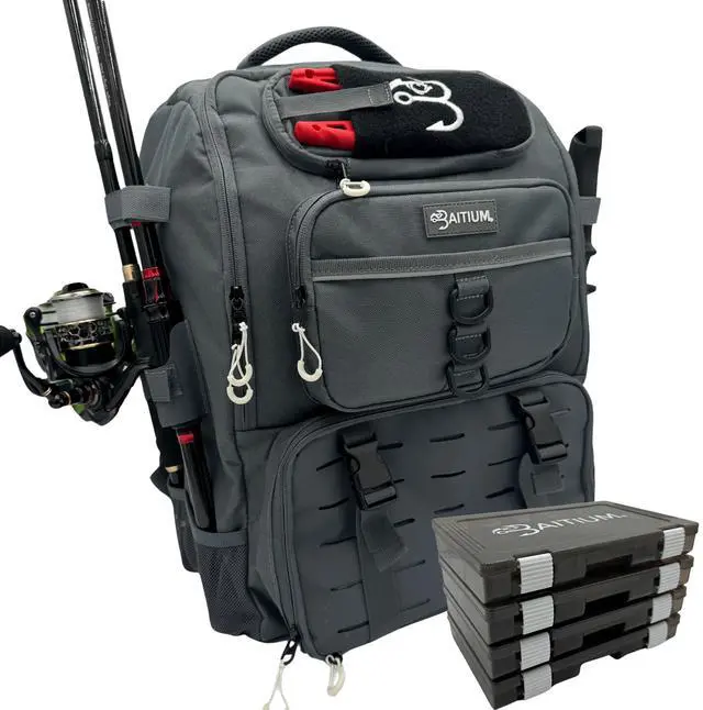 Main image of Fishing Backpack, Tackle Bag With Rod Holders, 40L Capacity With Cooler, Rain Cover, Insulated Pocket, 4 Tackle Trays Included - (Grey)