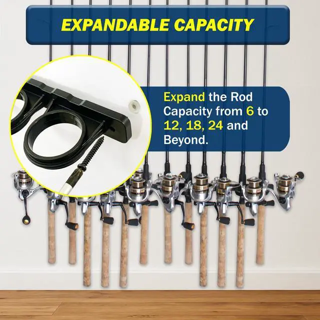 Alt view image 7 of 7 - Set of 4 Adaptable 6, 12, 18, or 24-Rod Horizontal Wall-Mount Fishing Pole Holders, Ceiling or Wall Fishing Rod Racks for Garage, Fits Most 0.12" to 0.75" Diameter Rods