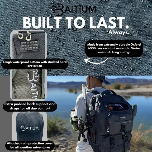 Alt view image 4 of 7 - Fishing Backpack, Tackle Bag With Rod Holders, 40L Capacity With Cooler, Rain Cover, Insulated Pocket, 4 Tackle Trays Included - (Grey)