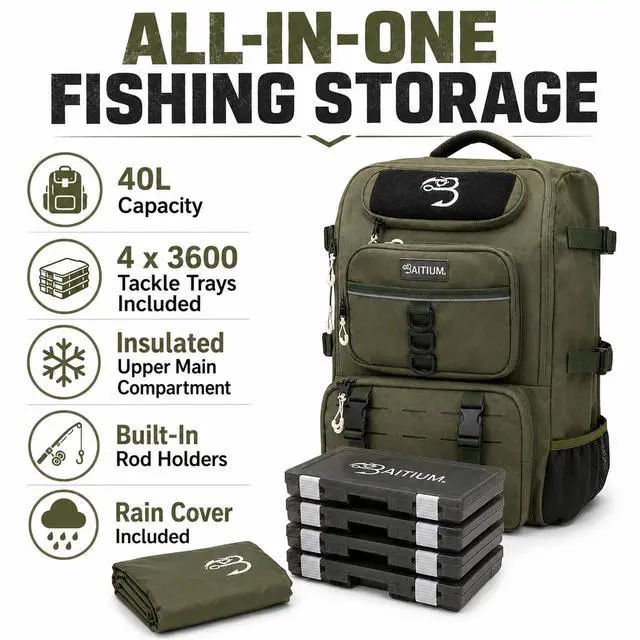 Alt view image 6 of 7 - Fishing Backpack, Tackle Bag With Rod Holders, 40L Capacity With Cooler, Rain Cover, Insulated Pocket, 4 Tackle Trays Included - (Grey)