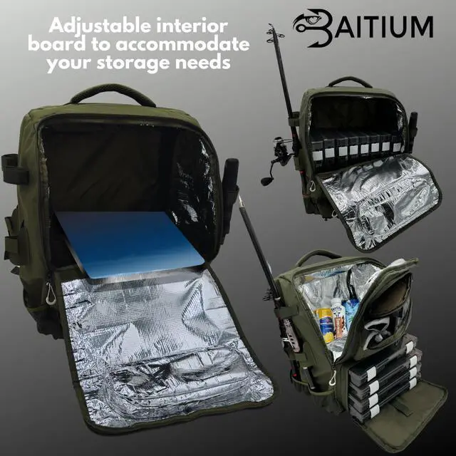 Alt view image 5 of 7 - Fishing Backpack, Tackle Bag With Rod Holders, 40L Capacity With Cooler, Rain Cover, Insulated Pocket, 4 Tackle Trays Included - (Grey)