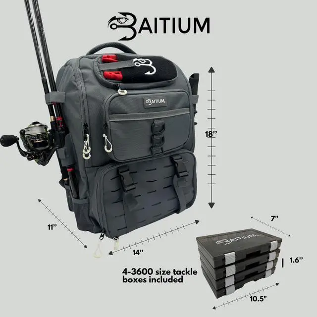Alt view image 7 of 7 - Fishing Backpack, Tackle Bag With Rod Holders, 40L Capacity With Cooler, Rain Cover, Insulated Pocket, 4 Tackle Trays Included - (Grey)