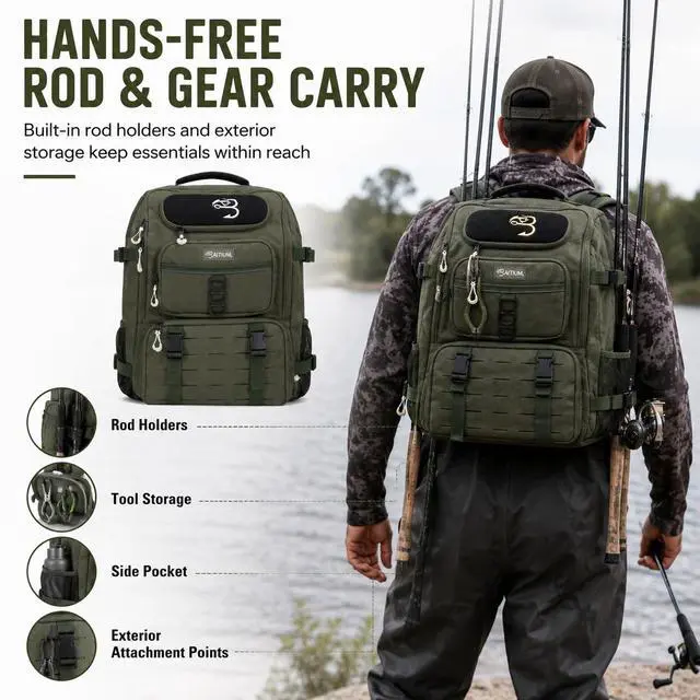 Alt view image 2 of 7 - Fishing Backpack, Tackle Bag With Rod Holders, 40L Capacity With Cooler, Rain Cover, Insulated Pocket, 4 Tackle Trays Included - (Grey)