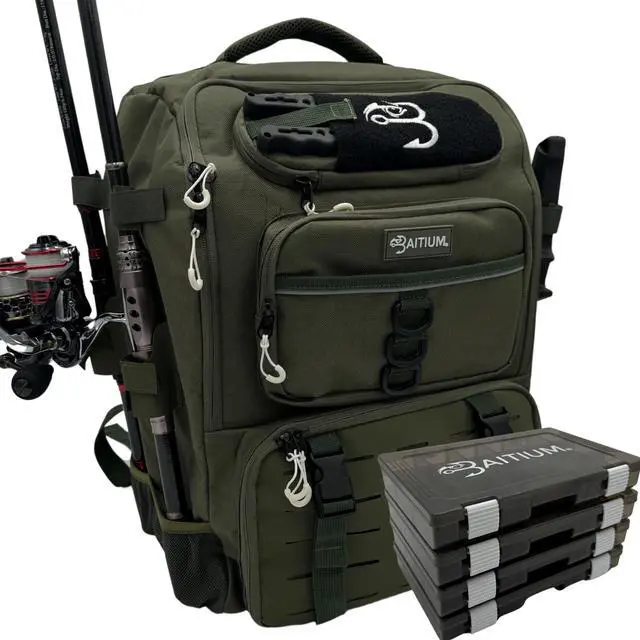 Main image of Fishing Backpack, Tackle Bag With Rod Holders, 40L Capacity With Cooler, Rain Cover, Insulated Pocket, 4 Tackle Trays Included- (Green)