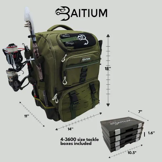 Alt view image 7 of 7 - Fishing Backpack, Tackle Bag With Rod Holders, 40L Capacity With Cooler, Rain Cover, Insulated Pocket, 4 Tackle Trays Included- (Green)