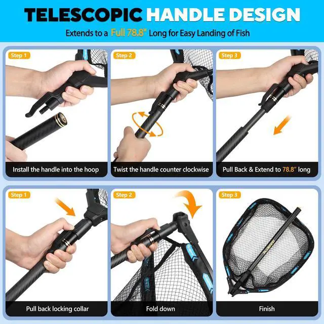 Alt view image 6 of 7 - Floating Fishing Net with Telescoping Handle, Carbon Fiber Ultralight Long Fish Net, Collapsible Landing Net 6.56/7.86Ft, Fishing Gear Kayak Accessories for Bass Trout Salmon