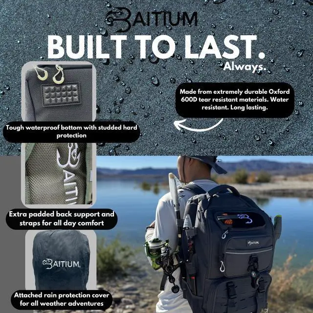 Alt view image 4 of 7 - Fishing Backpack, Tackle Bag With Rod Holders, 40L Capacity With Cooler, Rain Cover, Insulated Pocket, 4 Tackle Trays Included (Jet Black)