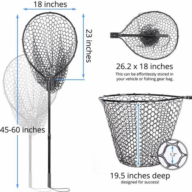 Alt view image 3 of 7 - High Strength Large Landing Net - Rubber Fishing Net with Long Telescoping Handle & Soft Rubber Netting, Landing Nets for Fishing, Ideal for Boat, Pier, River Angling