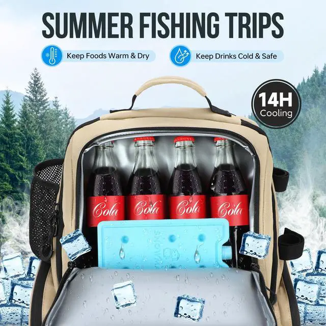 Alt view image 2 of 7 - Cooler Fishing Backpack with Rod Holders 45L Large Water-resistant Fishing Tackle bag Store Fishing Gear Fishing Gifts for Men Father