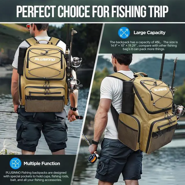 Alt view image 7 of 7 - Cooler Fishing Backpack with Rod Holders 45L Large Water-resistant Fishing Tackle bag Store Fishing Gear Fishing Gifts for Men Father