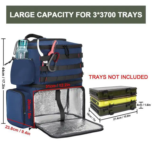 Alt view image 2 of 7 - Fishing Backpack, Tackle Storage Bag with Rod Holders & Cooler | Water Resistant Fishing Bag Fits 4 3600 Trays, Large Wide Open Tackle Box Backpack, Gifts for Fishermen