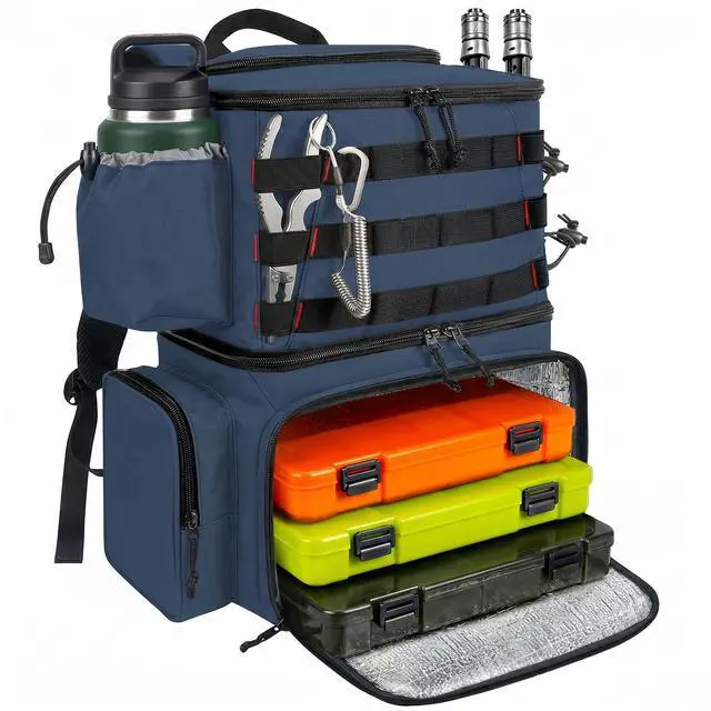 Main image of Fishing Backpack, Tackle Storage Bag with Rod Holders & Cooler | Water Resistant Fishing Bag Fits 4 3600 Trays, Large Wide Open Tackle Box Backpack, Gifts for Fishermen