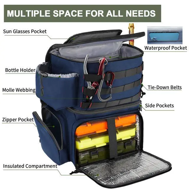 Alt view image 5 of 7 - Fishing Backpack, Tackle Storage Bag with Rod Holders & Cooler | Water Resistant Fishing Bag Fits 4 3600 Trays, Large Wide Open Tackle Box Backpack, Gifts for Fishermen
