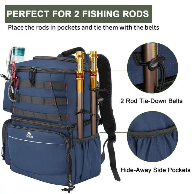 Alt view image 4 of 7 - Fishing Backpack, Tackle Storage Bag with Rod Holders & Cooler | Water Resistant Fishing Bag Fits 4 3600 Trays, Large Wide Open Tackle Box Backpack, Gifts for Fishermen