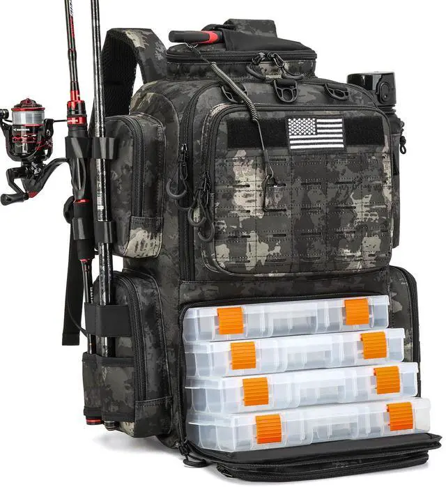 Main image of Tactical Fishing Tackle Backpack with Tackle Boxes, Rod Holders, Bottle Holder, 50 L Large Insulated Fishing Backpack Tackle Box with Cooler, Fishing Bag Store Gear & Equipment, Black CM