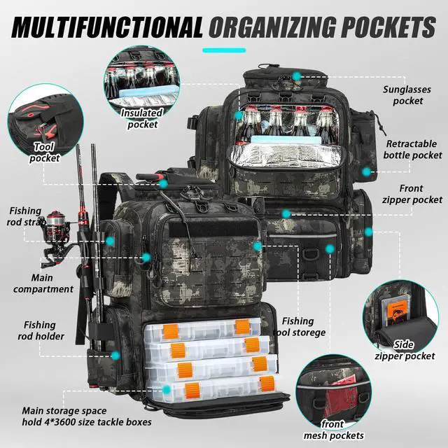 Alt view image 2 of 6 - Tactical Fishing Tackle Backpack with Tackle Boxes, Rod Holders, Bottle Holder, 50 L Large Insulated Fishing Backpack Tackle Box with Cooler, Fishing Bag Store Gear & Equipment, Black CM