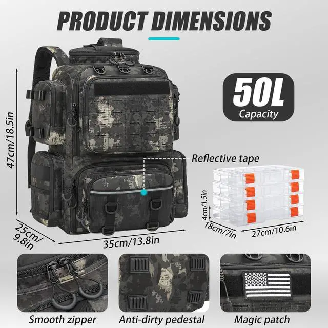Alt view image 3 of 6 - Tactical Fishing Tackle Backpack with Tackle Boxes, Rod Holders, Bottle Holder, 50 L Large Insulated Fishing Backpack Tackle Box with Cooler, Fishing Bag Store Gear & Equipment, Black CM