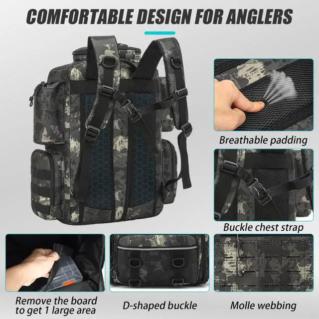 Alt view image 5 of 6 - Tactical Fishing Tackle Backpack with Tackle Boxes, Rod Holders, Bottle Holder, 50 L Large Insulated Fishing Backpack Tackle Box with Cooler, Fishing Bag Store Gear & Equipment, Black CM