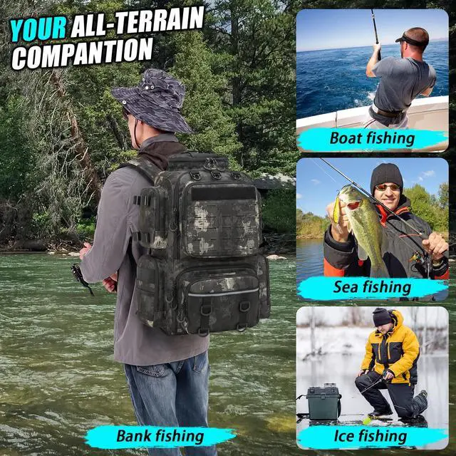 Alt view image 6 of 6 - Tactical Fishing Tackle Backpack with Tackle Boxes, Rod Holders, Bottle Holder, 50 L Large Insulated Fishing Backpack Tackle Box with Cooler, Fishing Bag Store Gear & Equipment, Black CM