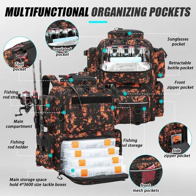 Alt view image 2 of 6 - Tactical Fishing Tackle Backpack with Tackle Boxes, Rod Holders & Bottle Holder, 50 L Large Fishing Tackle Box Backpack with Cooler, Fishing Bag with Trays Store Gear & Equipment, Mars CM