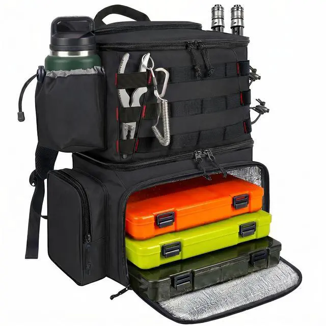Main image of Fishing Backpack, Tackle Storage Bag with Rod Holders & Cooler | Water Resistant Fishing Bag Fits 4 3600 Trays, Large Wide Open Tackle Box Backpack, Gifts for Fishermen