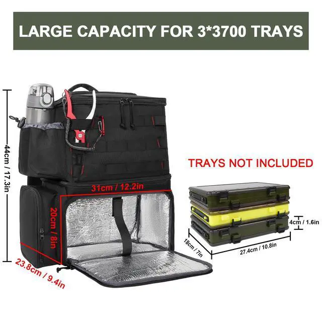 Alt view image 2 of 7 - Fishing Backpack, Tackle Storage Bag with Rod Holders & Cooler | Water Resistant Fishing Bag Fits 4 3600 Trays, Large Wide Open Tackle Box Backpack, Gifts for Fishermen